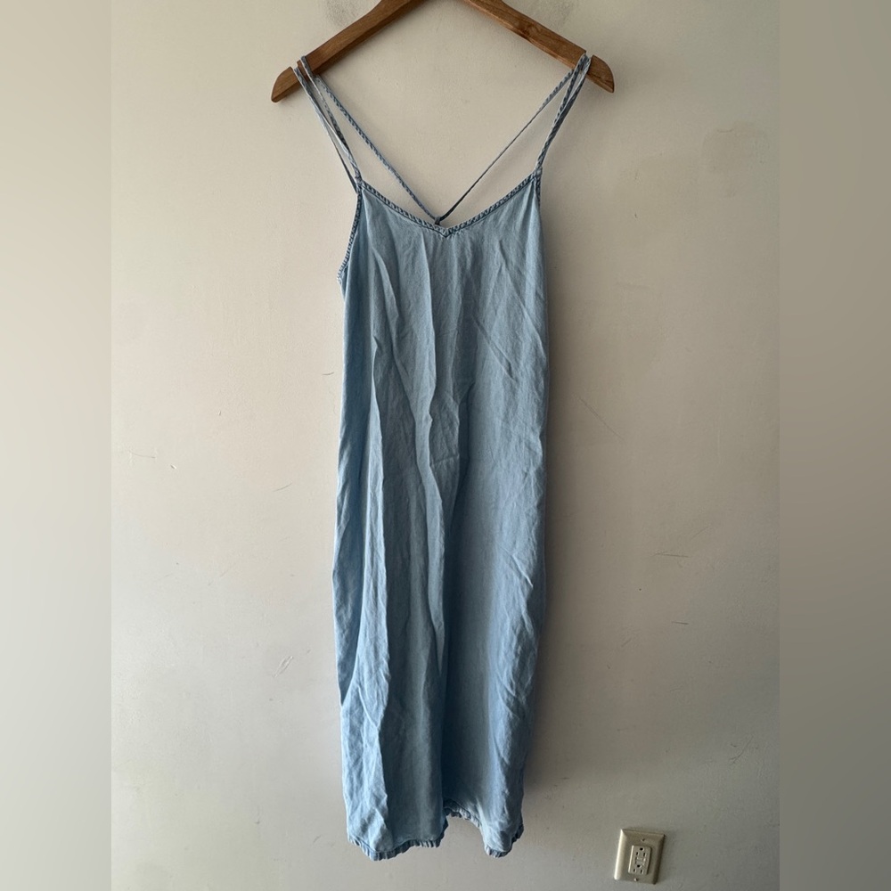 Aerie Women's Chambray Spaghetti Straps Midi Slip Dress Side Slits - Picture 2 of 7